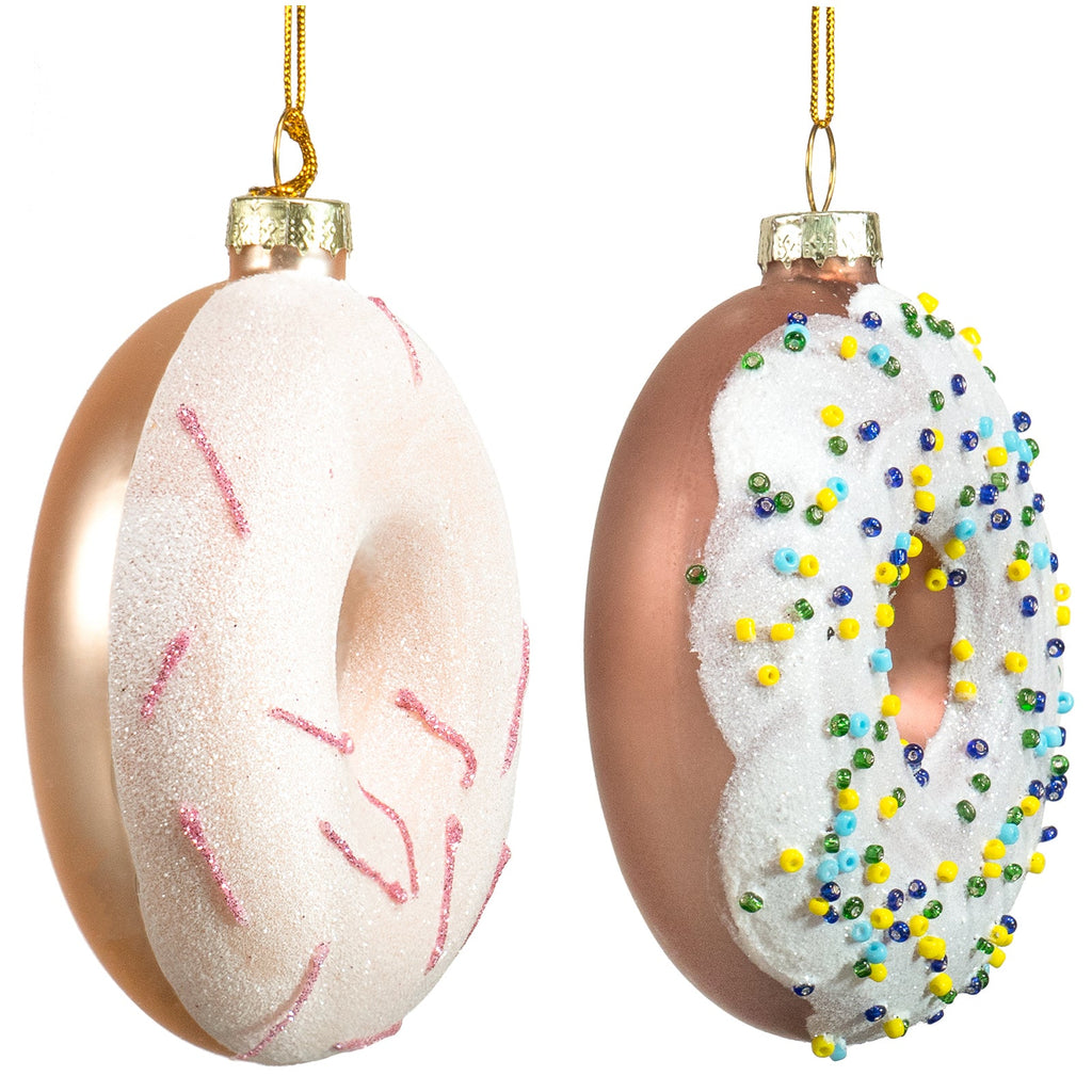 Red Co. 3.5” Small Decorative Glass Hanging Christmas Tree Ornaments – Set of 2 Assorted Glazed Donuts