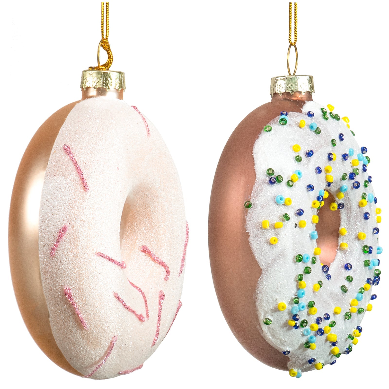 Red Co. 3.5” Small Decorative Glass Hanging Christmas Tree Ornaments – Set of 2 Assorted Glazed Donuts