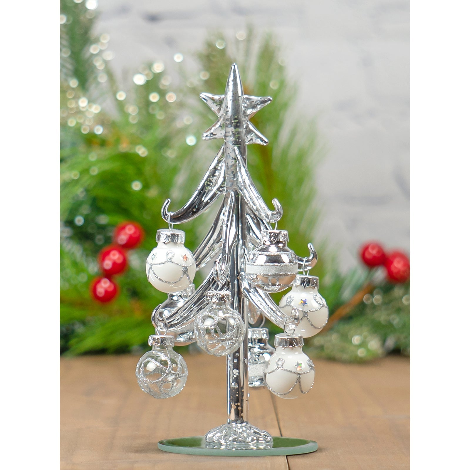 Red Co. 6 Small Metallic Silver Glass Christmas Tree Tabletop Decoration with Glittered Removable Ornaments