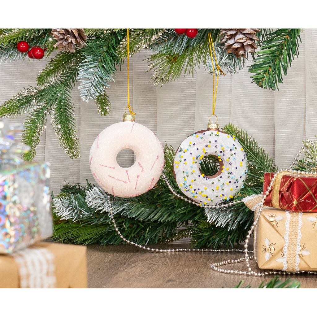 Red Co. 3.5” Small Decorative Glass Hanging Christmas Tree Ornaments – Set of 2 Assorted Glazed Donuts