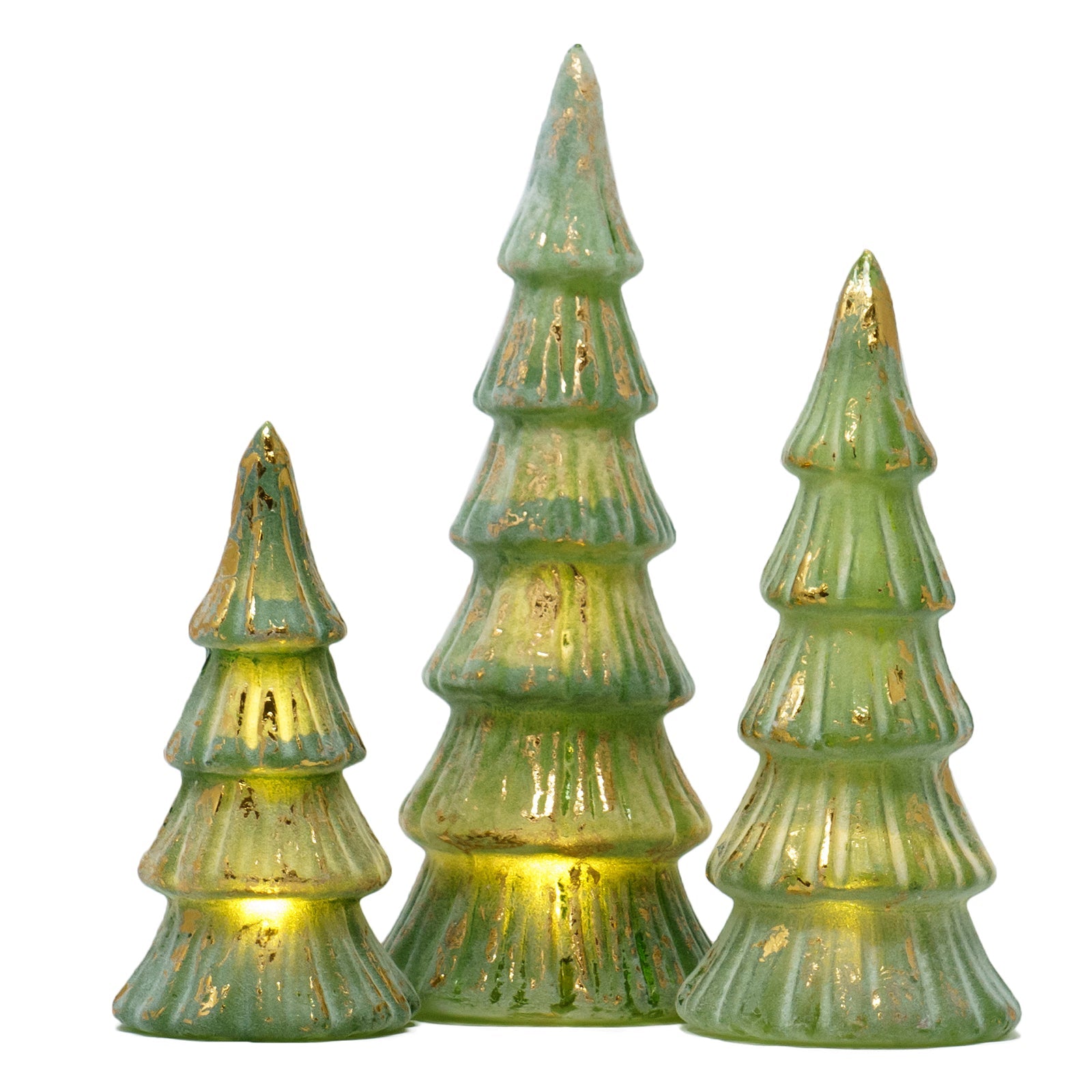 Red Co. 10”, 8.5”, and 7” Glass Christmas Tree Figurine Ornaments with LED Lights, Light-Up Holiday Season Décor – Brushed Green in Distressed Gold – Set of 3 Sizes
