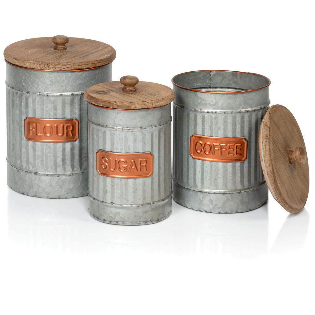 Red Co. Set of 3 Sizes Flour, Coffee, Sugar Corrugated Storage Canister Jars with Lids, Distressed Metal & Wood