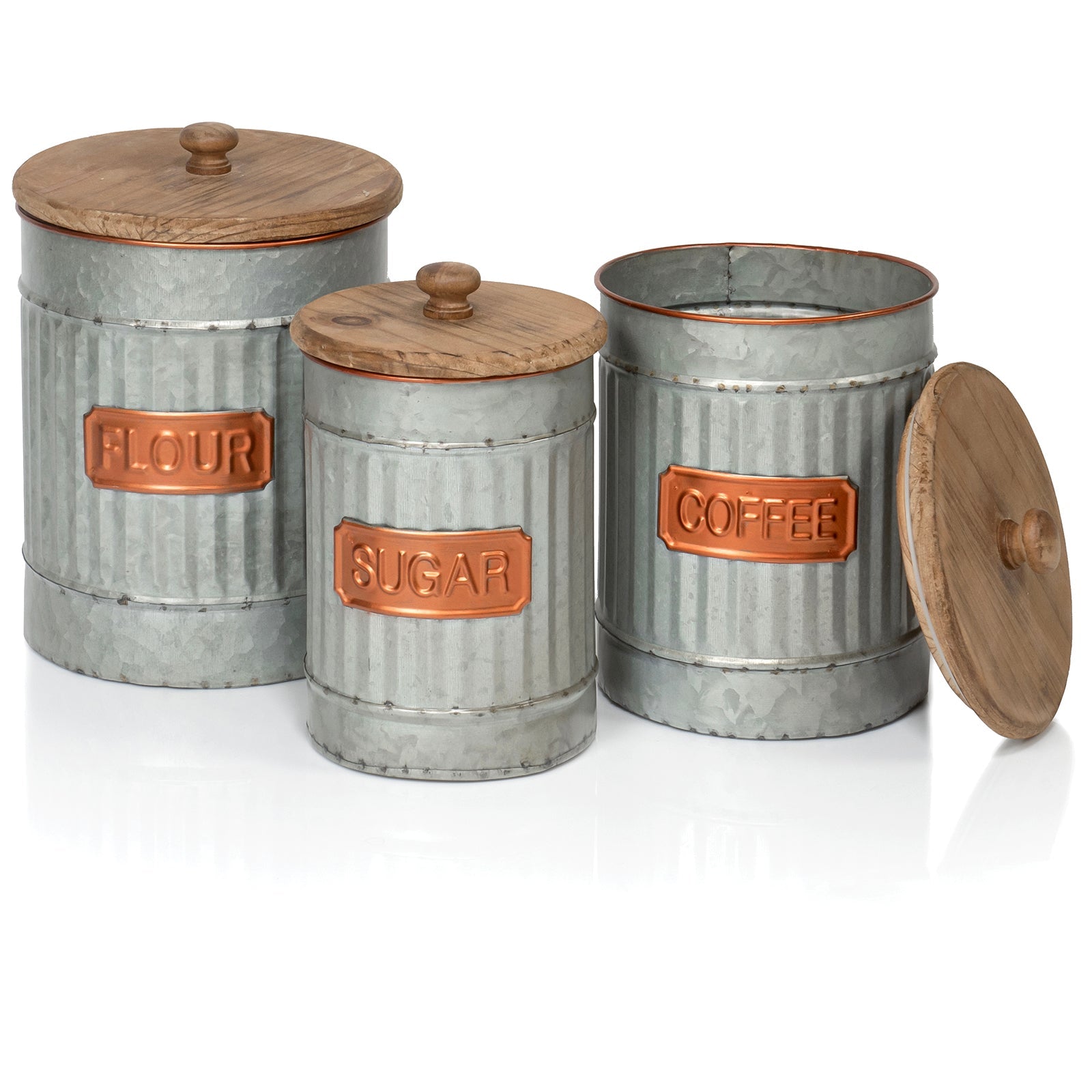 Red Co. Set of 3 Sizes Flour, Coffee, Sugar Corrugated Storage Canister Jars with Lids, Distressed Metal & Wood