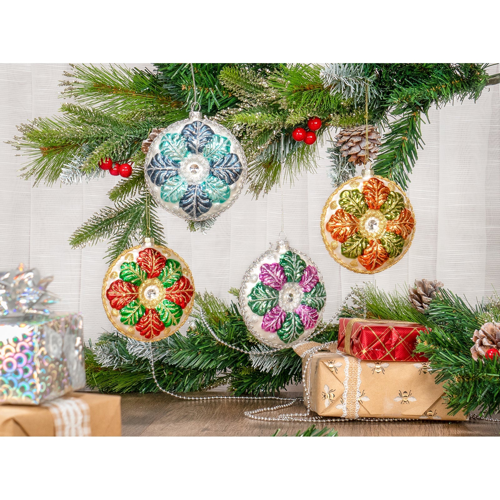 Red Co. 4” Small Decorative Glass Hanging Christmas Tree Ornaments – Set of 4 Assorted Flowers