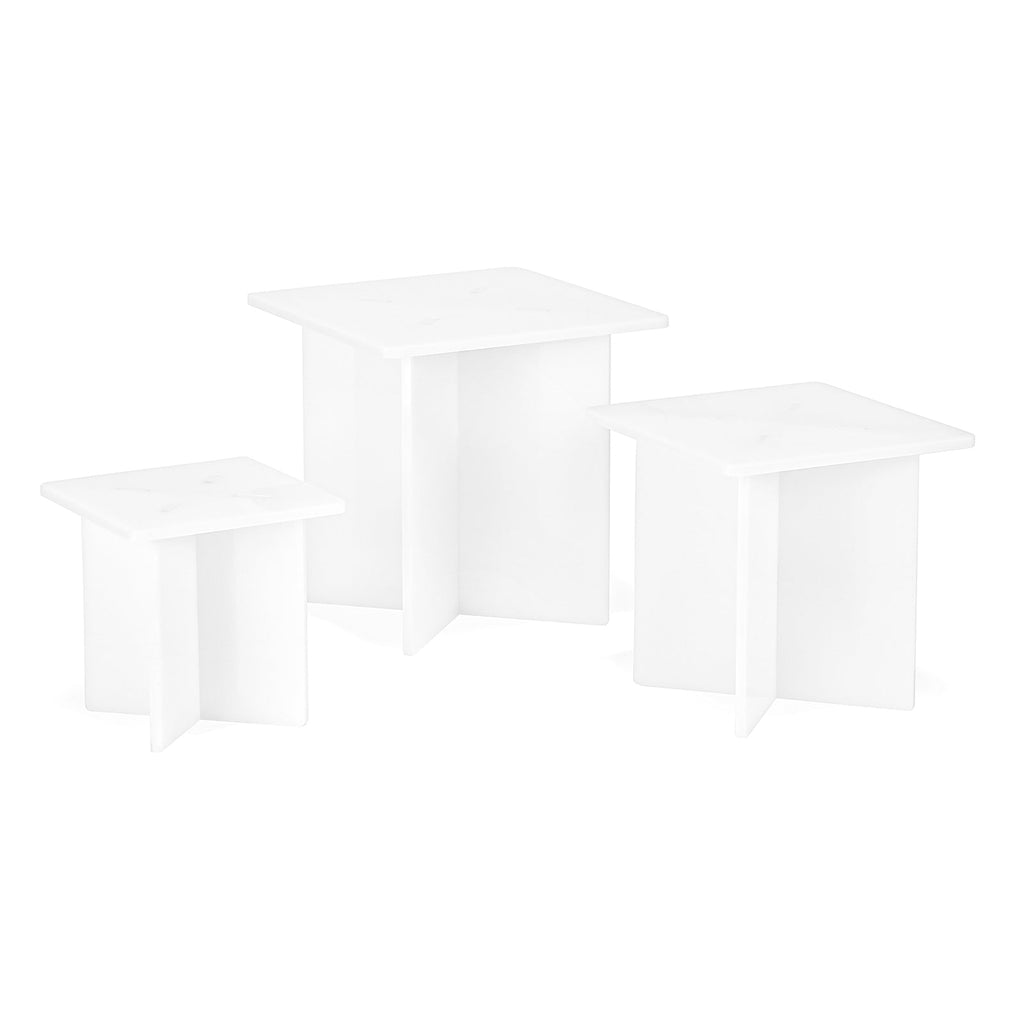 Red Co. Set of 3 Sizes (4”, 5”, 6”) Decorative Square Top Acrylic Cross Leg Pedestal Display Risers, White