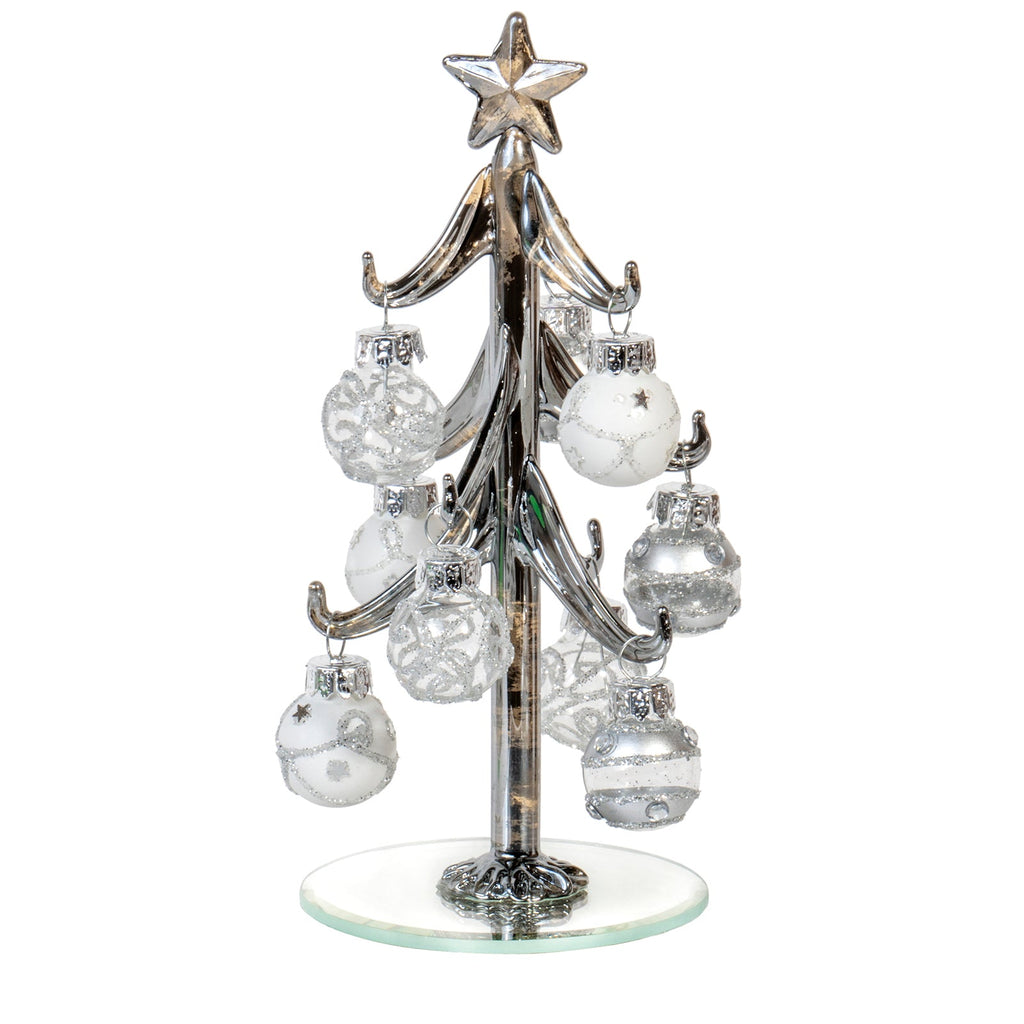 Red Co. 6 Small Metallic Silver Glass Christmas Tree Tabletop Decoration with Glittered Removable Ornaments