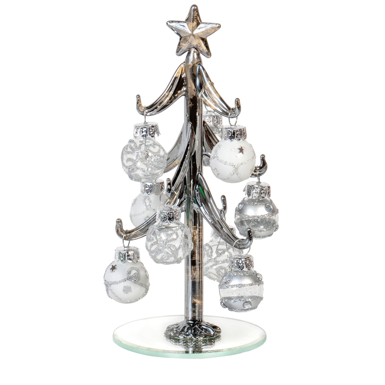 Red Co. 6 Small Metallic Silver Glass Christmas Tree Tabletop Decoration with Glittered Removable Ornaments