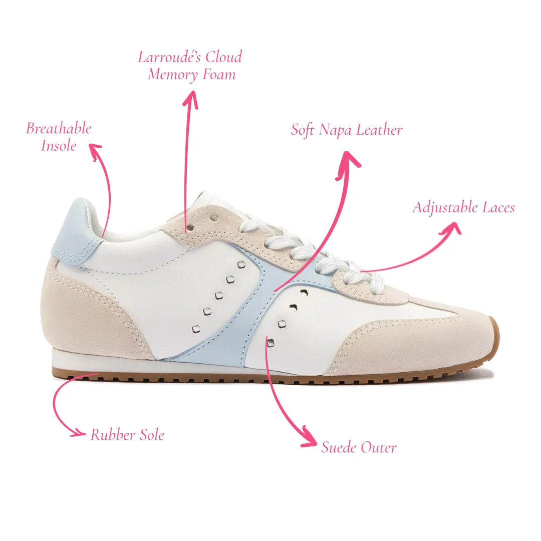 LARROUDE Stella Sneaker In Grey Suede, White Leather and Silver Metallic Leather