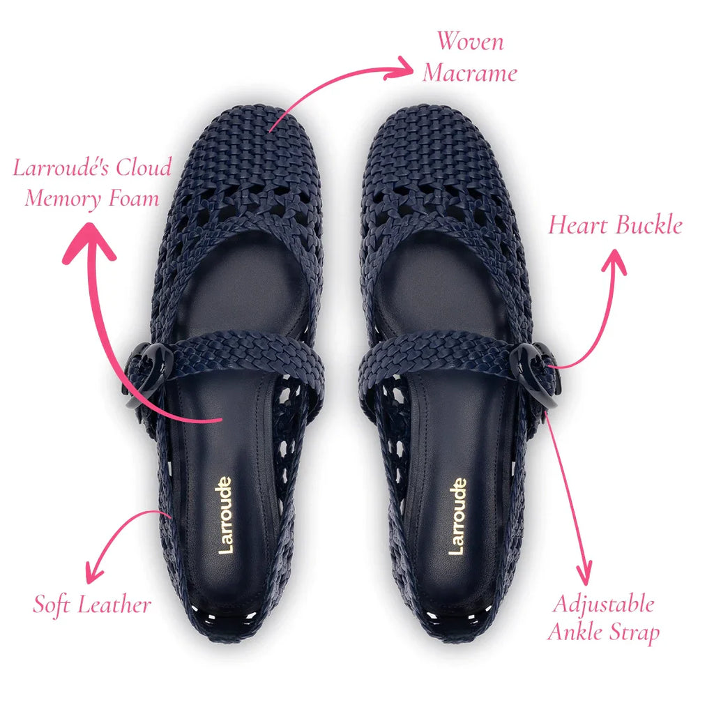 LARROUDE | Verona Macrame Ballet Flat In Navy Leather