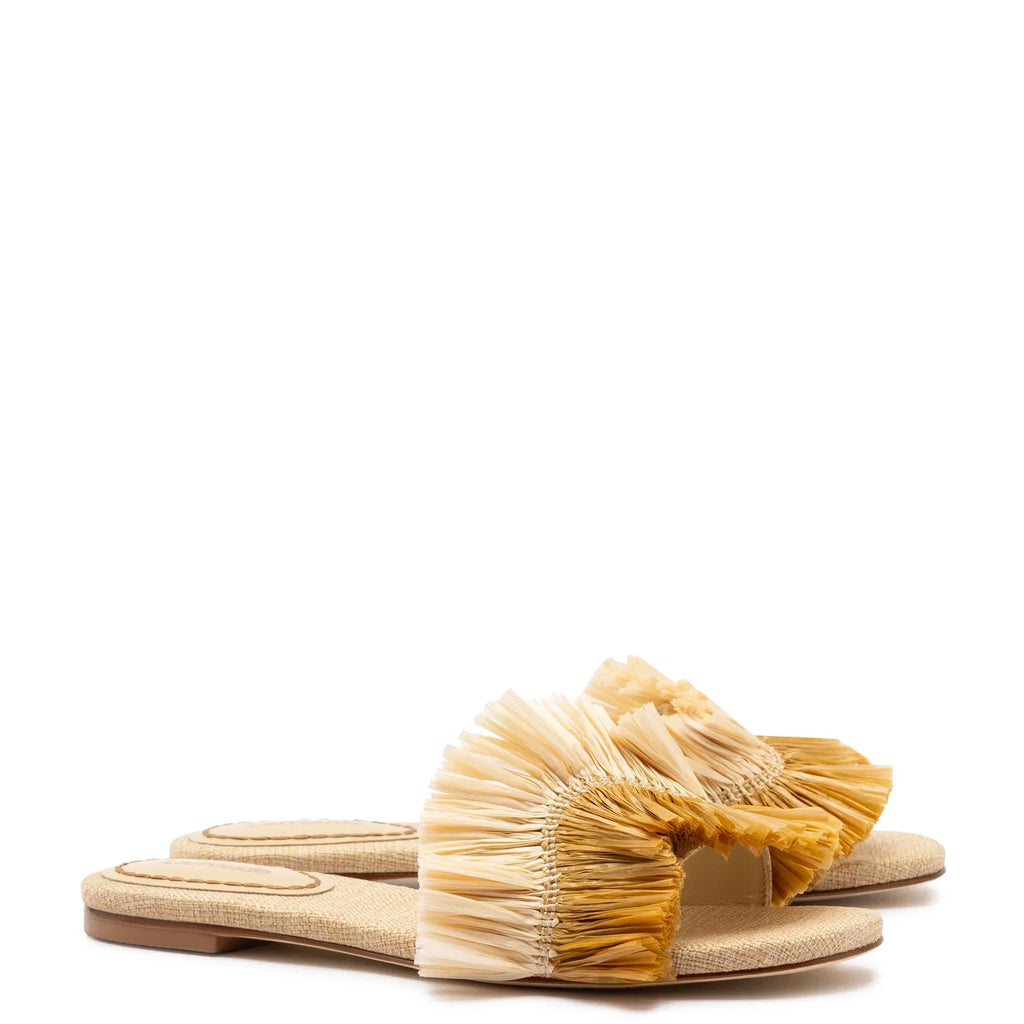 LARROUDE | Ivy Fringe Flat In Beige Raffia