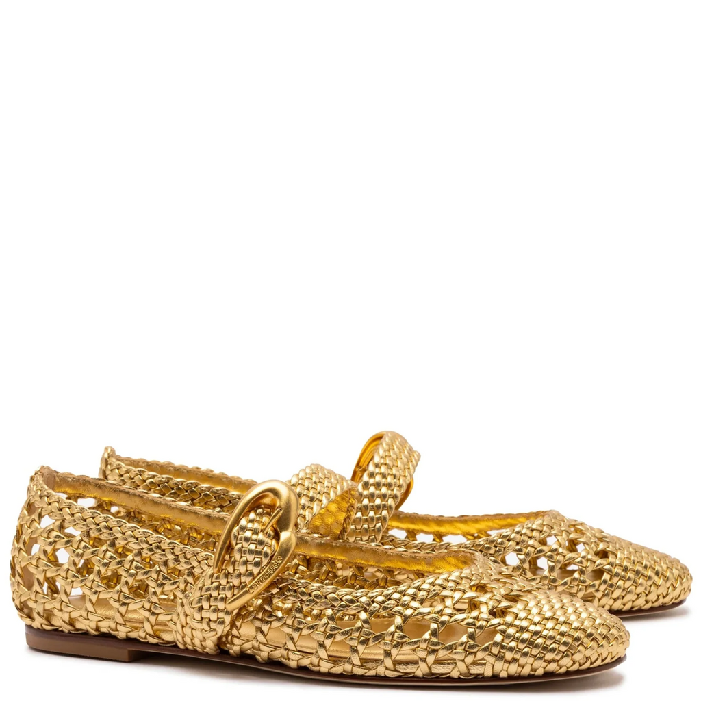 LARROUDE | Verona Macrame Ballet Flat In Gold Metallic Leather