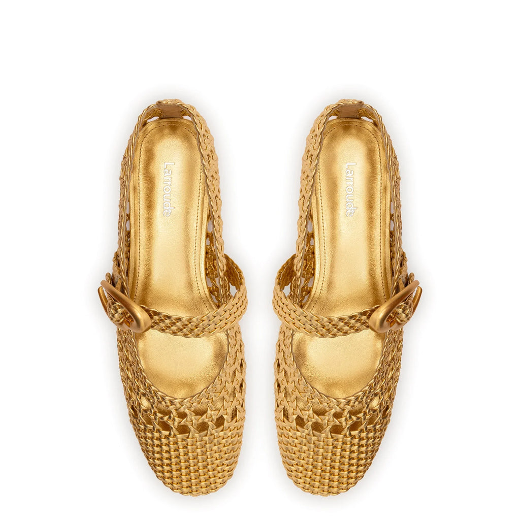 LARROUDE | Verona Macrame Ballet Flat In Gold Metallic Leather