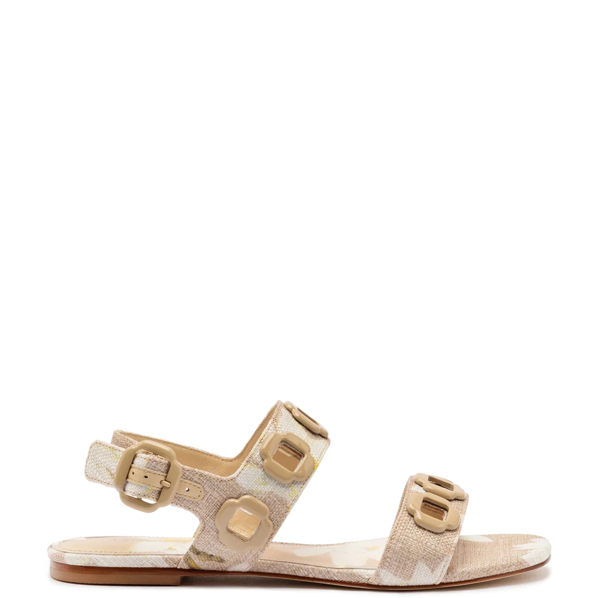 LARROUDE | Milan Flat Sandal In Beige Printed Raffia