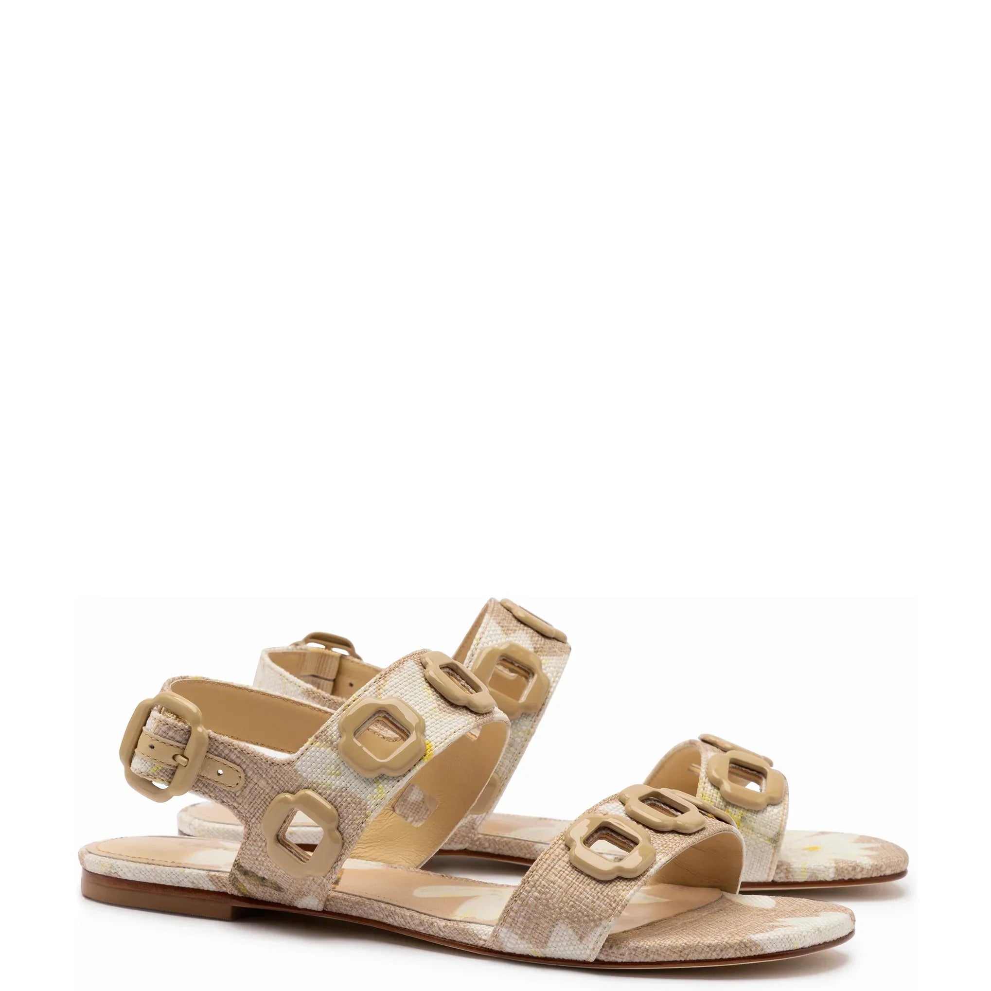 LARROUDE | Milan Flat Sandal In Beige Printed Raffia