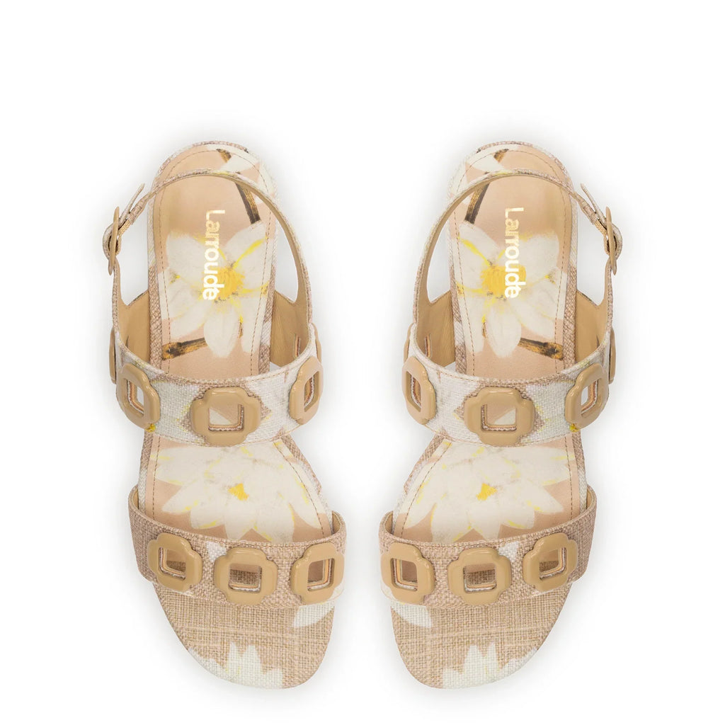 LARROUDE | Milan Flat Sandal In Beige Printed Raffia