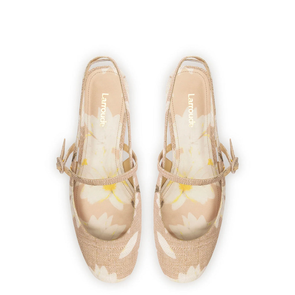 LARROUDE | Georgina Ballet Flat In Beige Printed Raffia