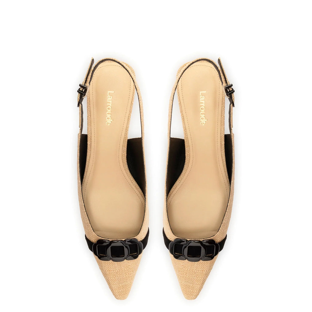 LARROUDE | Franca Pump In Beige Raffia and Black Trimming