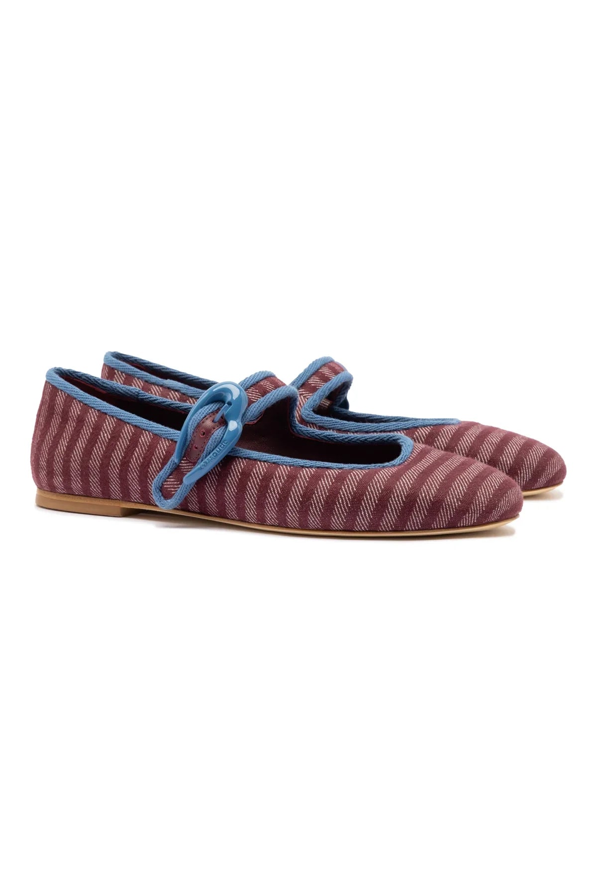 LARROUDE | Verona Ballet Flat In Wine Striped Fabric and Blue Stoned Trimming