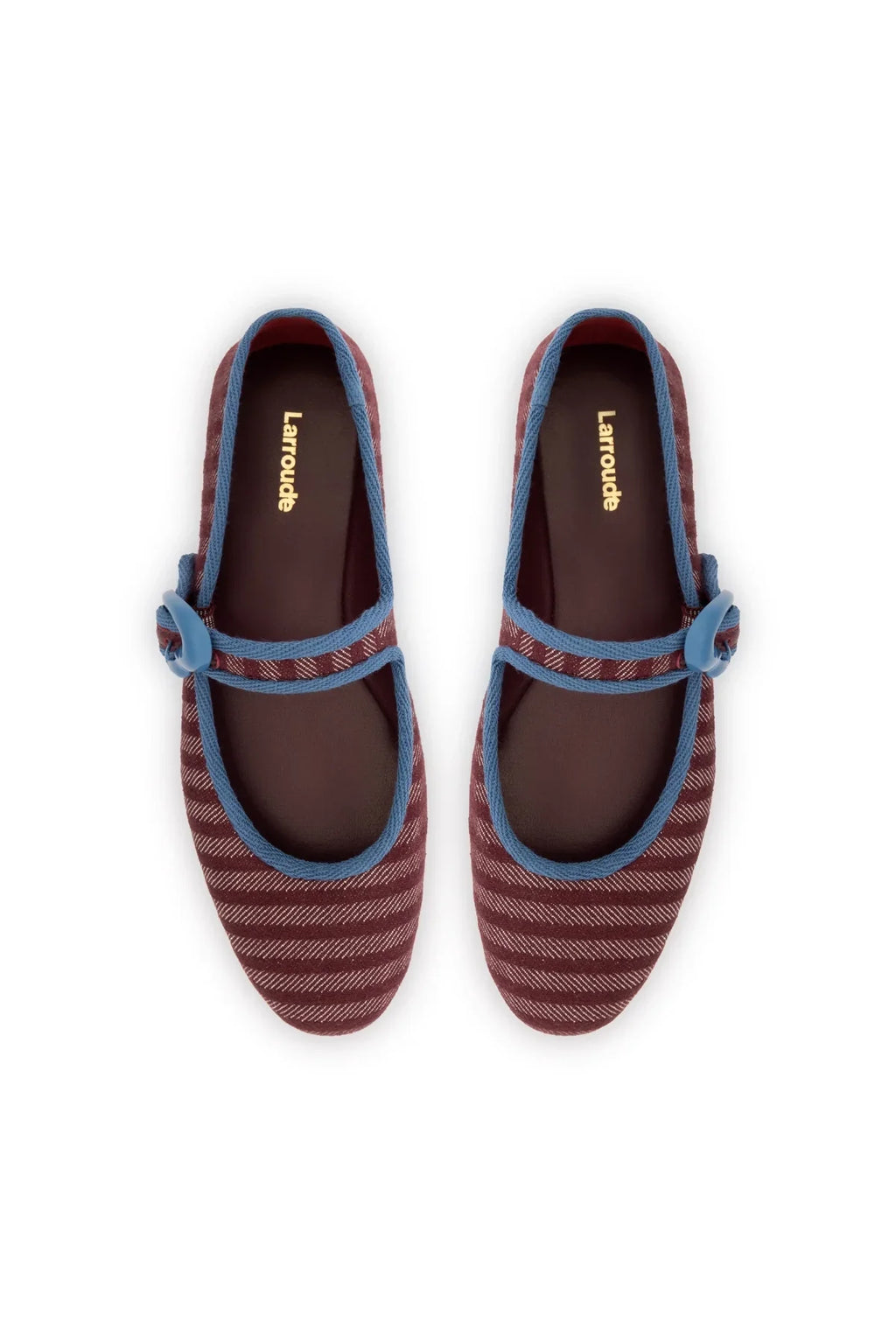 LARROUDE | Verona Ballet Flat In Wine Striped Fabric and Blue Stoned Trimming