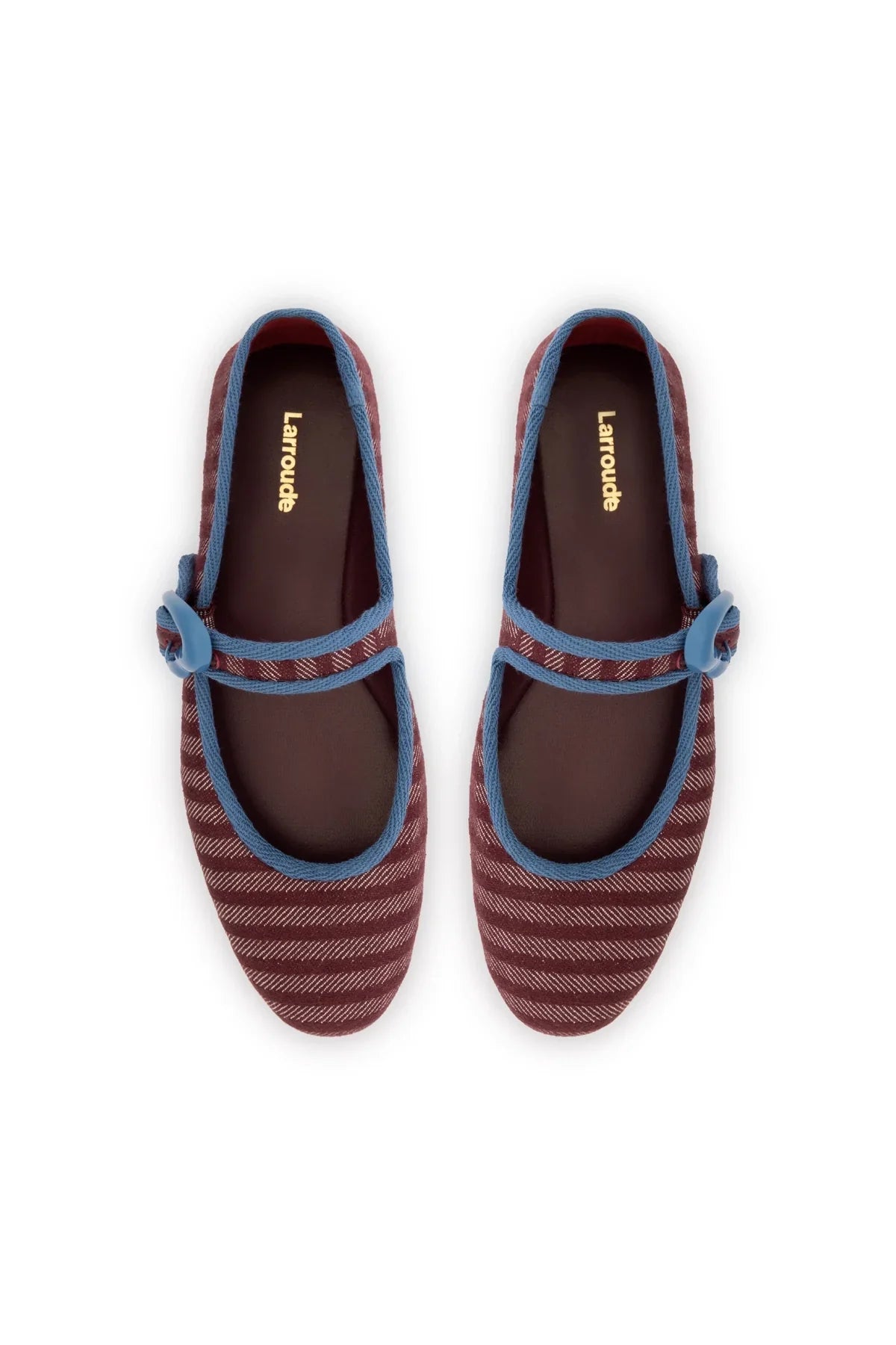LARROUDE | Verona Ballet Flat In Wine Striped Fabric and Blue Stoned Trimming