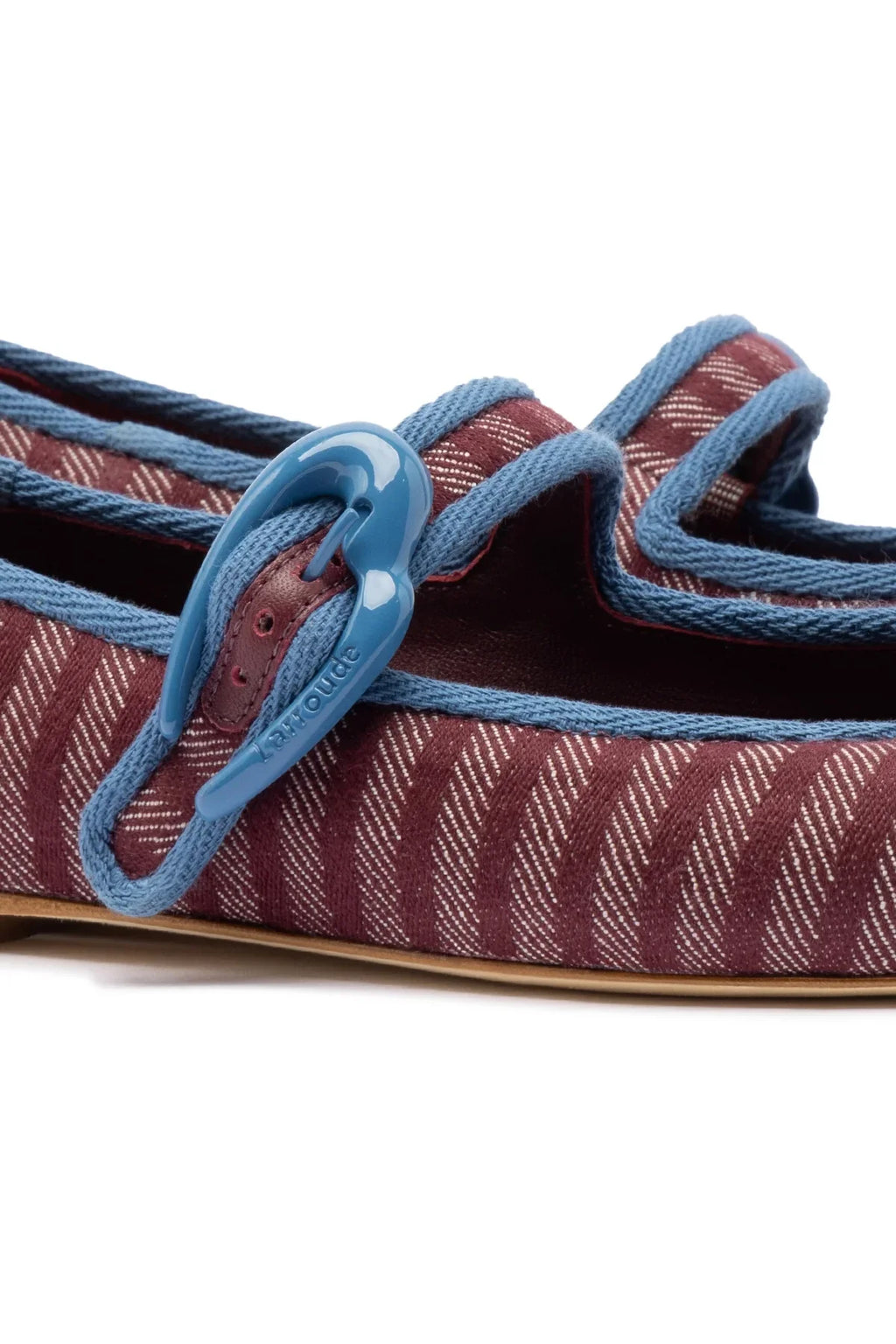 LARROUDE | Verona Ballet Flat In Wine Striped Fabric and Blue Stoned Trimming