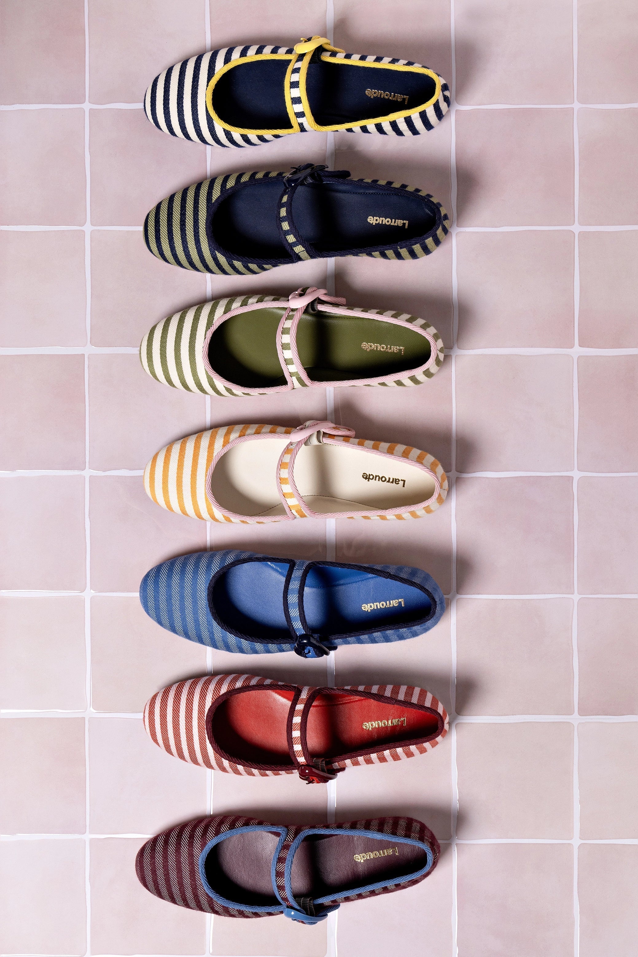 LARROUDE | Verona Ballet Flat In Wine Striped Fabric and Blue Stoned Trimming
