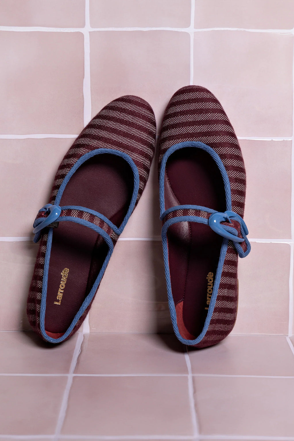 LARROUDE | Verona Ballet Flat In Wine Striped Fabric and Blue Stoned Trimming