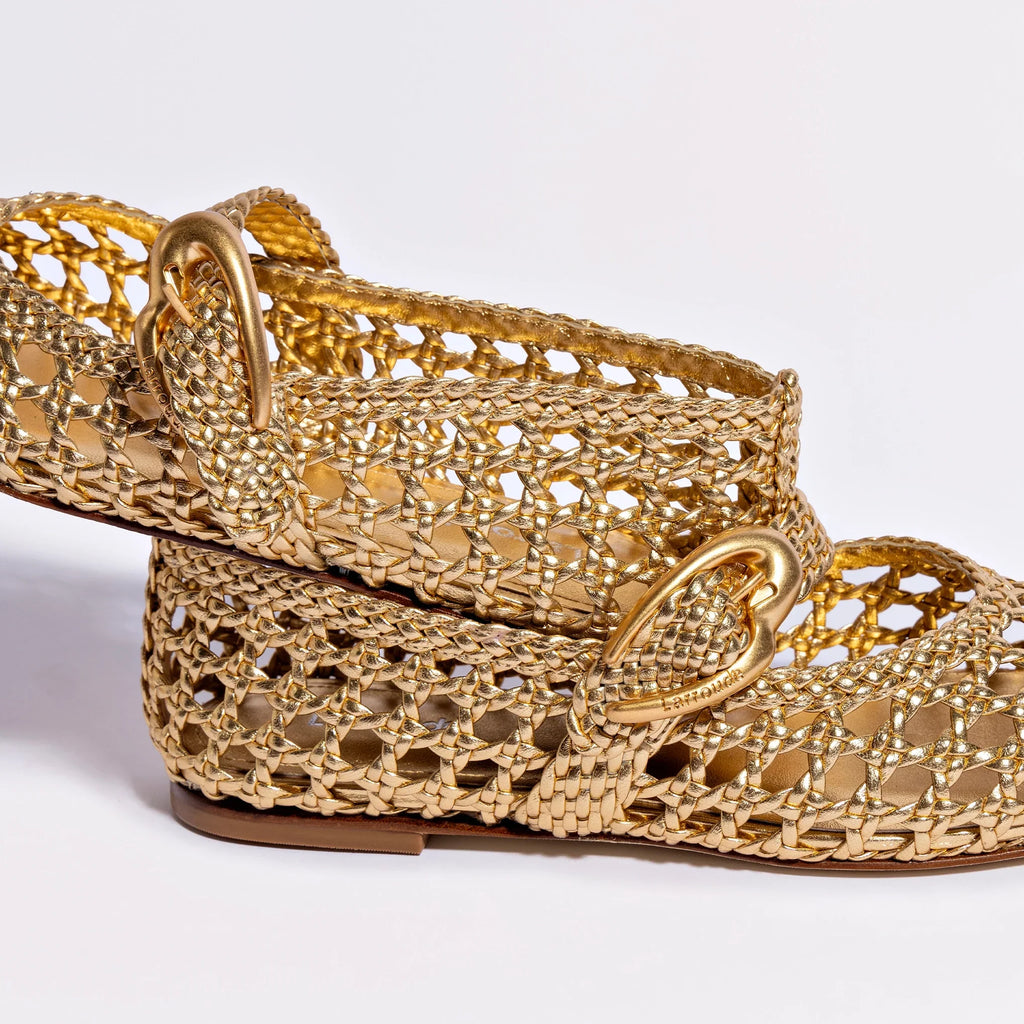 LARROUDE | Verona Macrame Ballet Flat In Gold Metallic Leather