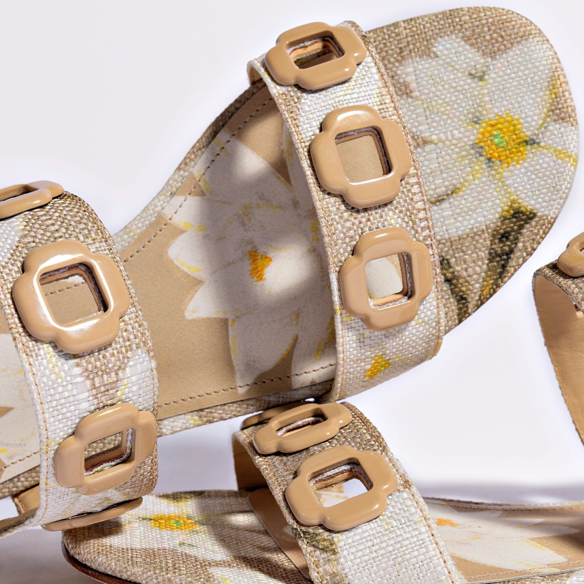 LARROUDE | Milan Flat Sandal In Beige Printed Raffia
