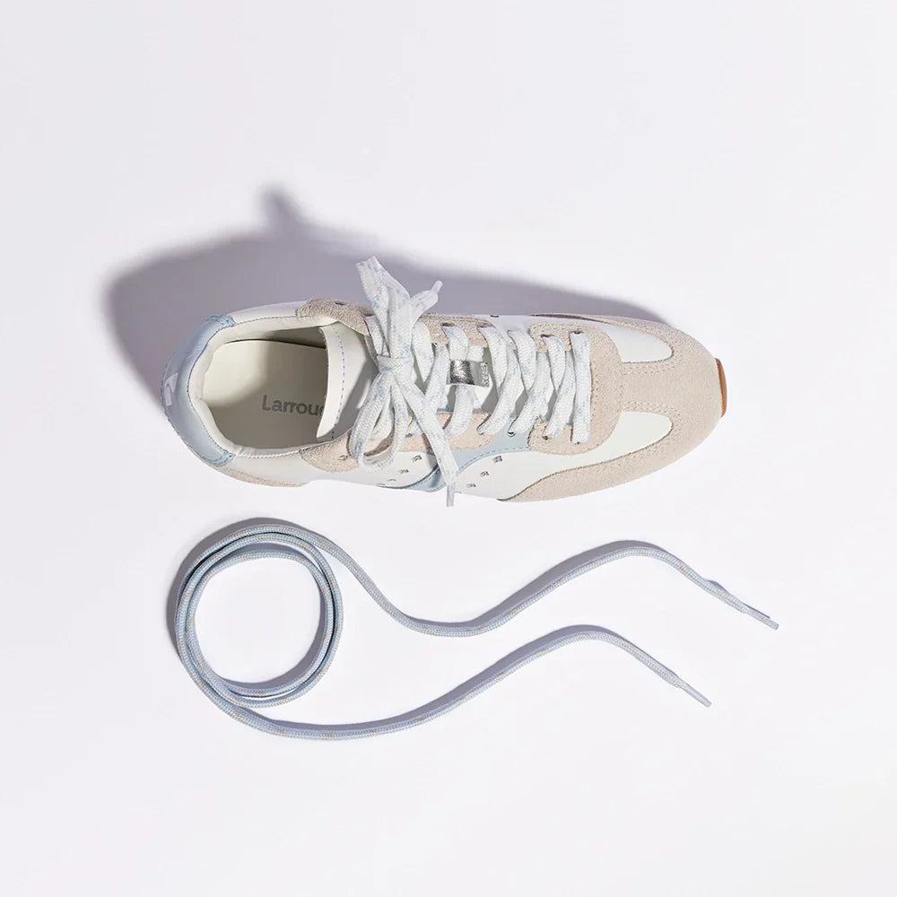 LARROUDE Stella Sneaker In Grey Suede, White Leather and Silver Metallic Leather