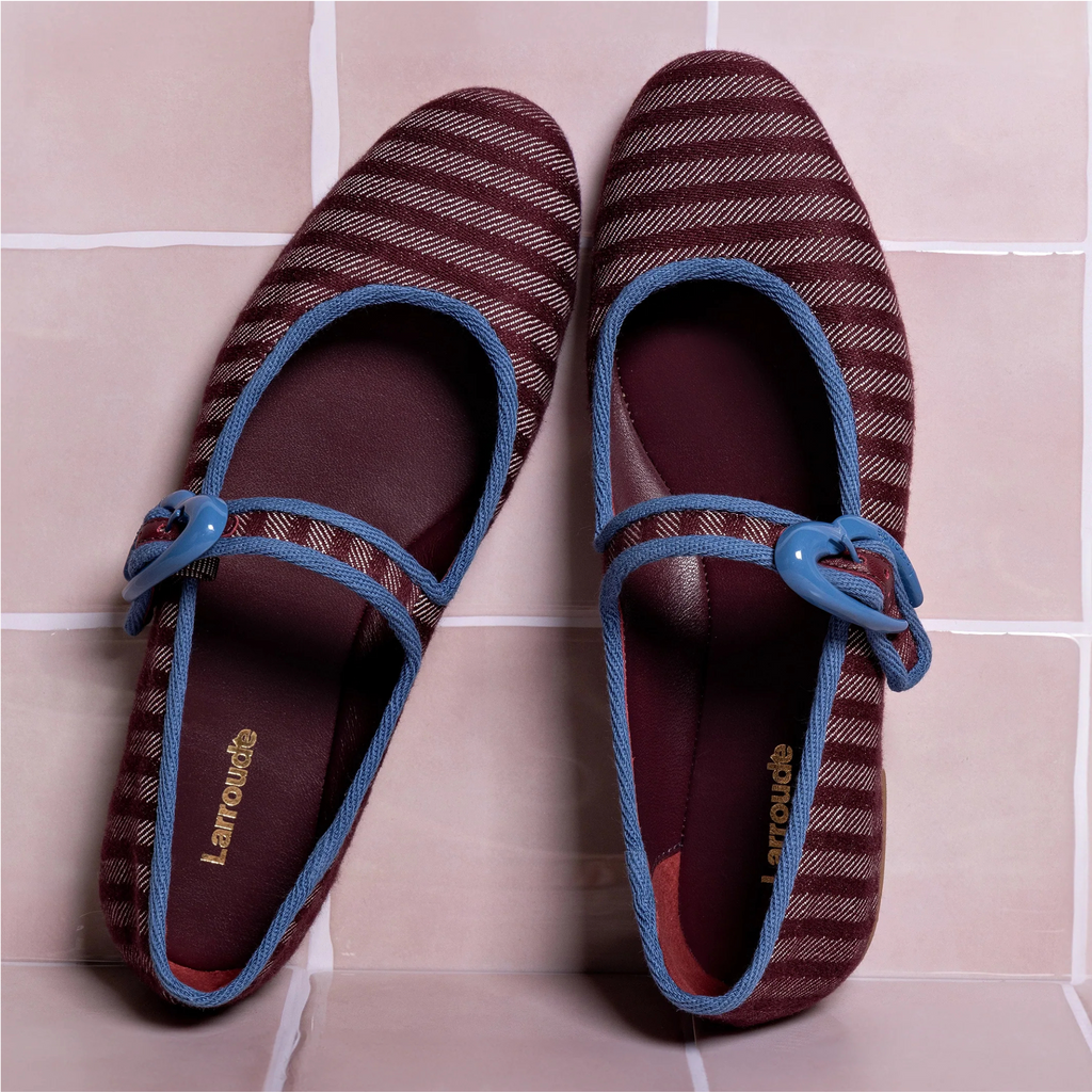 LARROUDE | Verona Ballet Flat In Wine Striped Fabric and Blue Stoned Trimming