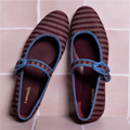 LARROUDE | Verona Ballet Flat In Wine Striped Fabric and Blue Stoned Trimming