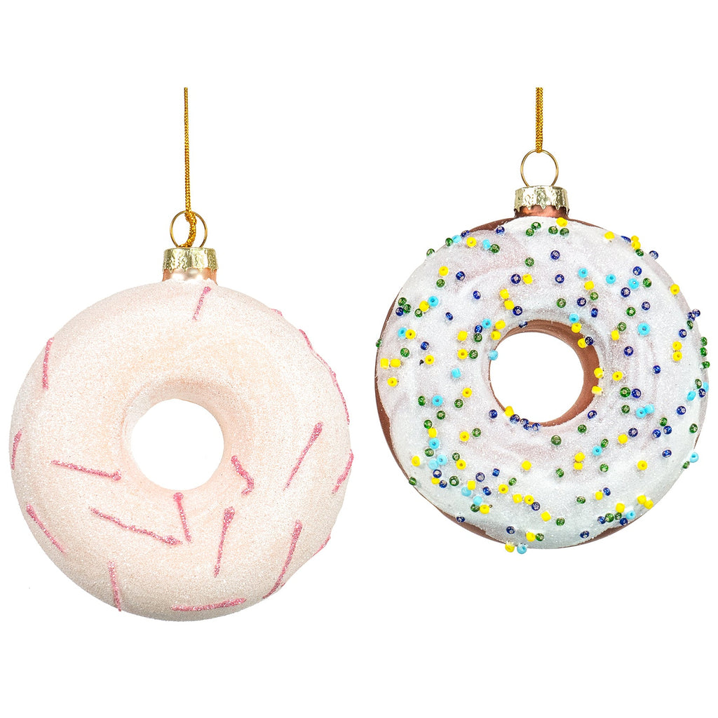 Red Co. 3.5” Small Decorative Glass Hanging Christmas Tree Ornaments – Set of 2 Assorted Glazed Donuts