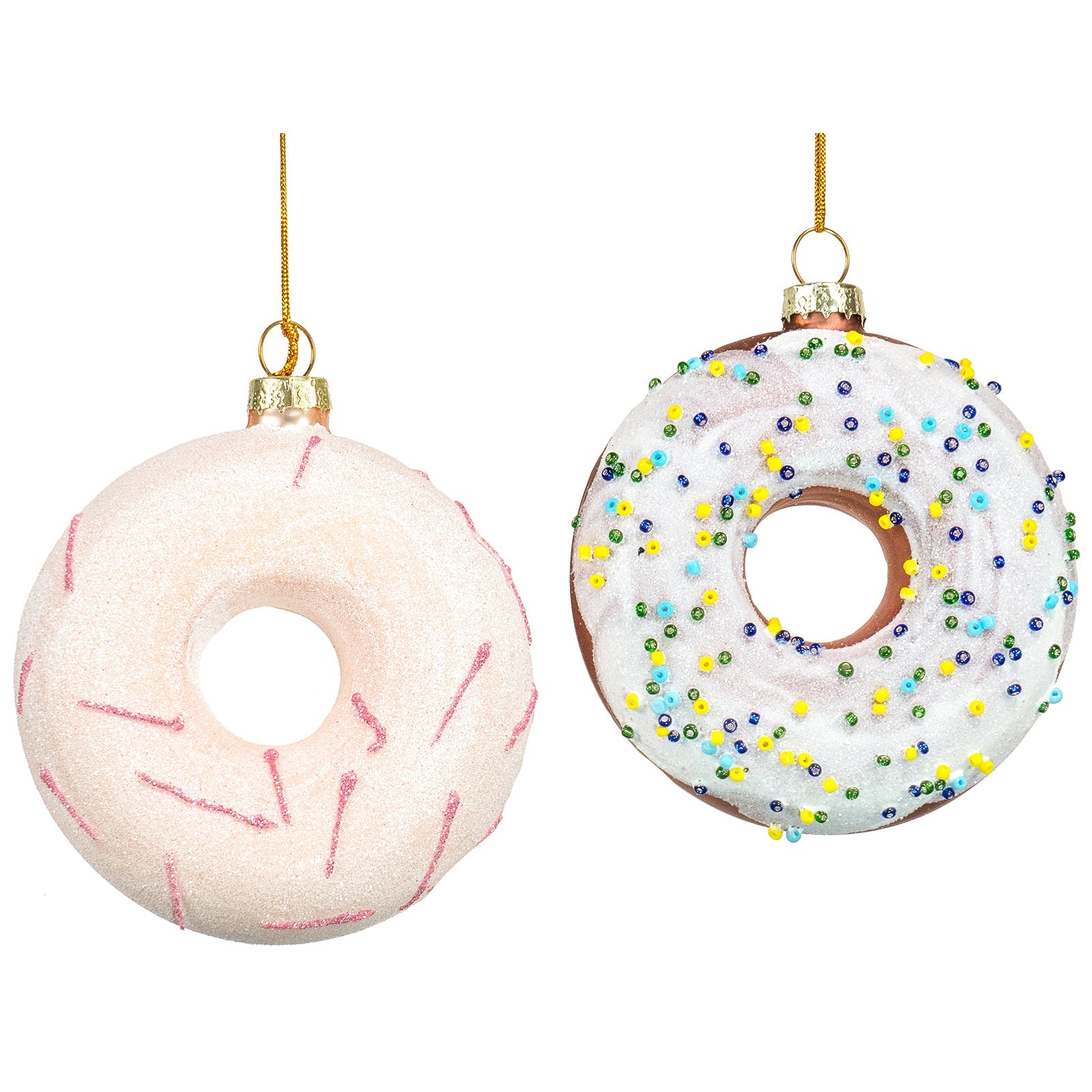 Red Co. 3.5” Small Decorative Glass Hanging Christmas Tree Ornaments – Set of 2 Assorted Glazed Donuts
