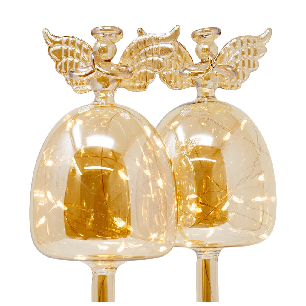 Red Co. 12 Gold Glass Christmas Praying Holy Angel Figurine Ornaments with LED Lights, Light-Up Holiday Season Décor – Set of 2
