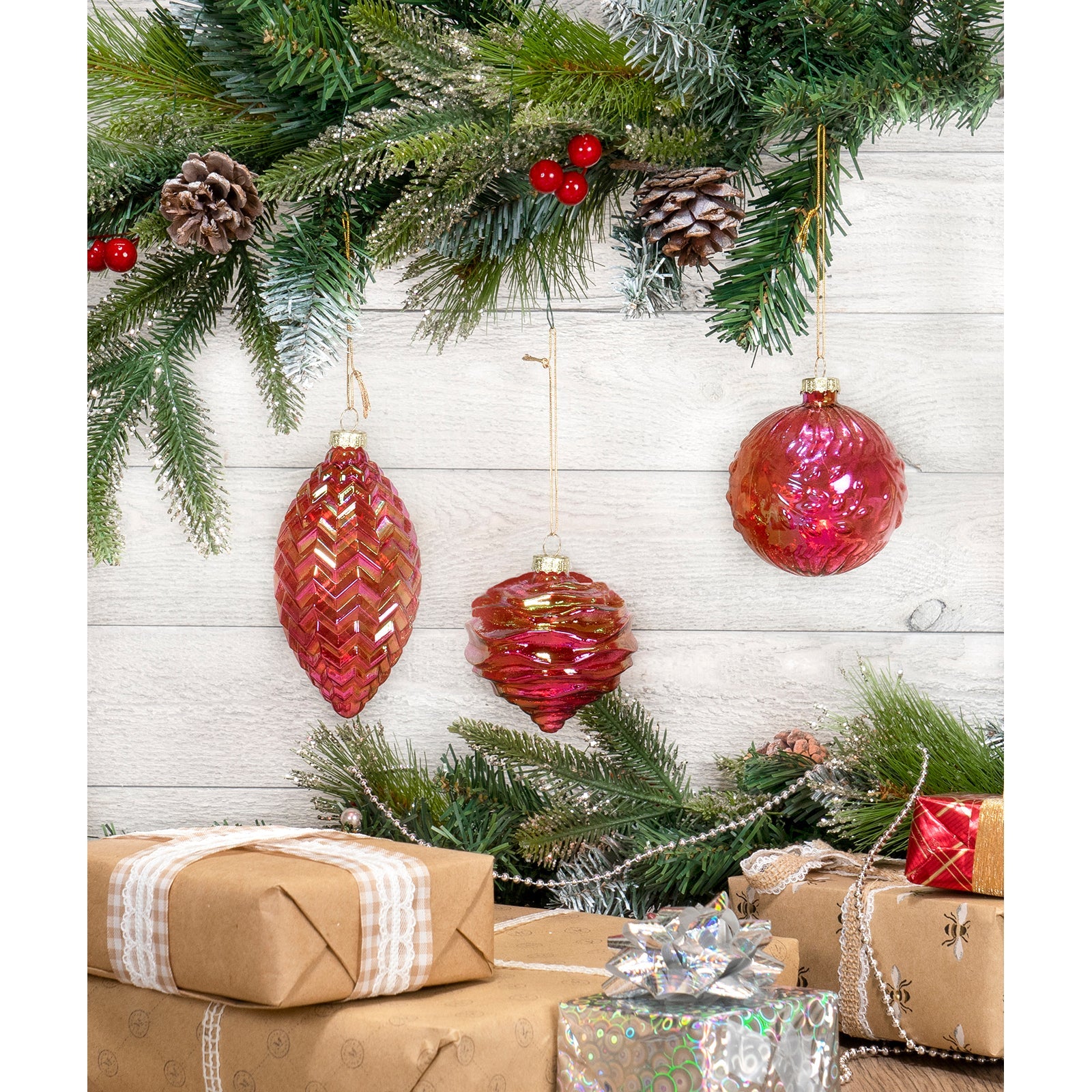 Red Co. 3 Dia Decorative Glass Hanging Christmas Tree Ornaments Set of 3 – Iridescent Red Olive, Ball & Onion