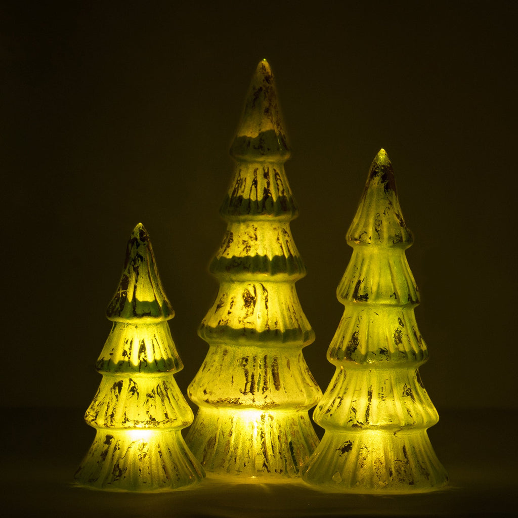Red Co. 10”, 8.5”, and 7” Glass Christmas Tree Figurine Ornaments with LED Lights, Light-Up Holiday Season Décor – Brushed Green in Distressed Gold – Set of 3 Sizes