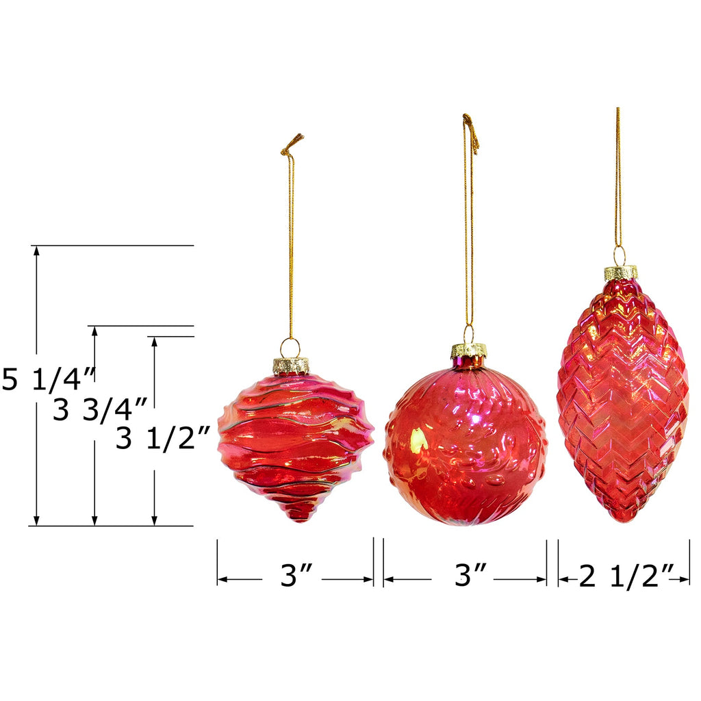 Red Co. 3 Dia Decorative Glass Hanging Christmas Tree Ornaments Set of 3 – Iridescent Red Olive, Ball & Onion