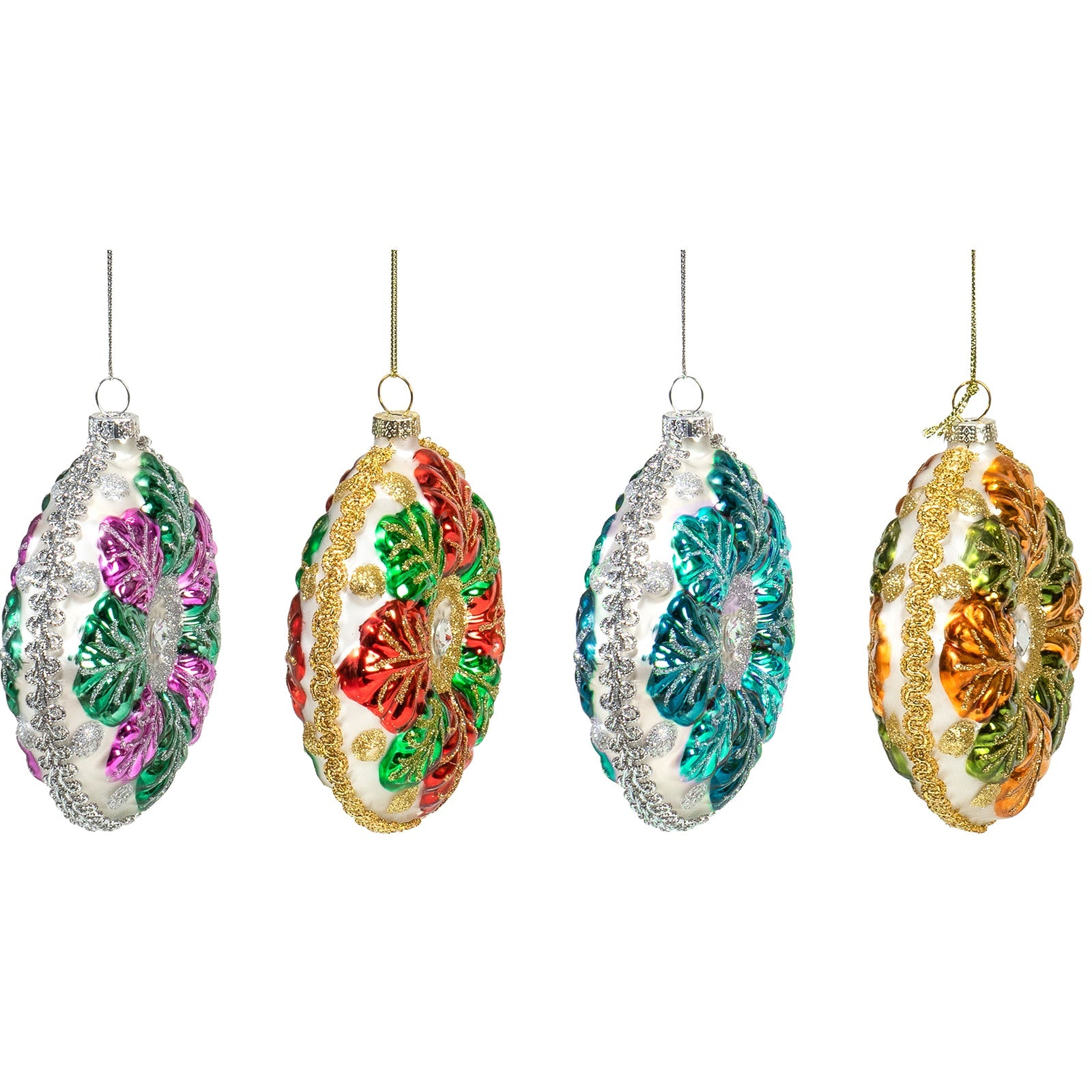 Red Co. 4” Small Decorative Glass Hanging Christmas Tree Ornaments – Set of 4 Assorted Flowers