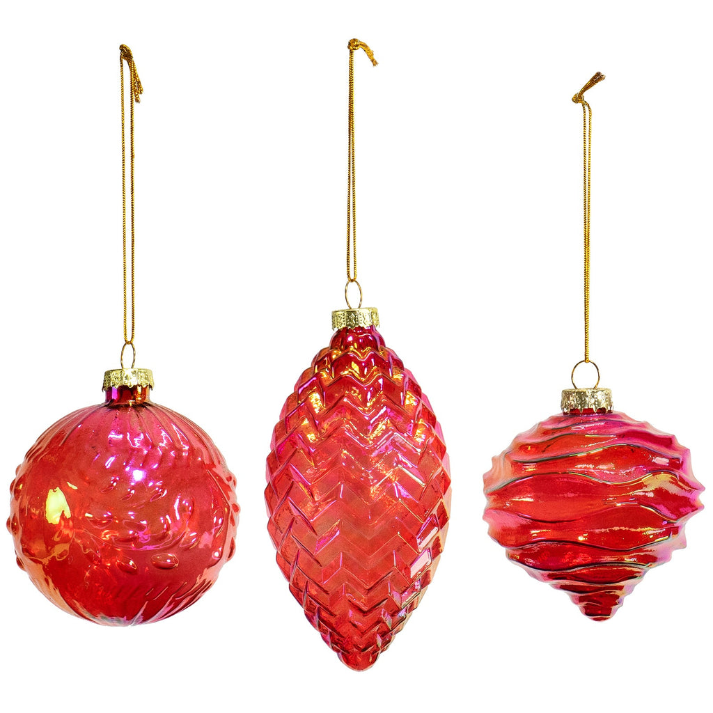 Red Co. 3 Dia Decorative Glass Hanging Christmas Tree Ornaments Set of 3 – Iridescent Red Olive, Ball & Onion