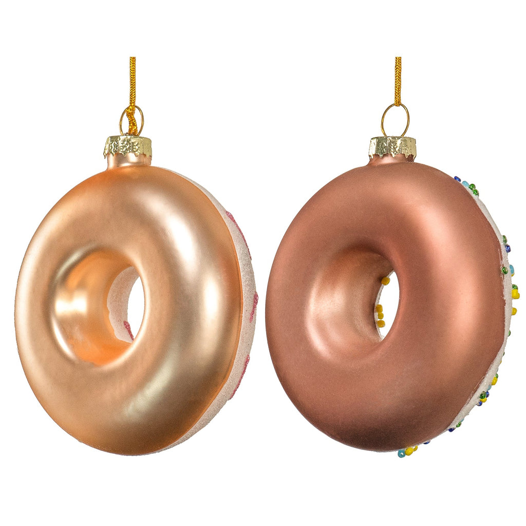 Red Co. 3.5” Small Decorative Glass Hanging Christmas Tree Ornaments – Set of 2 Assorted Glazed Donuts