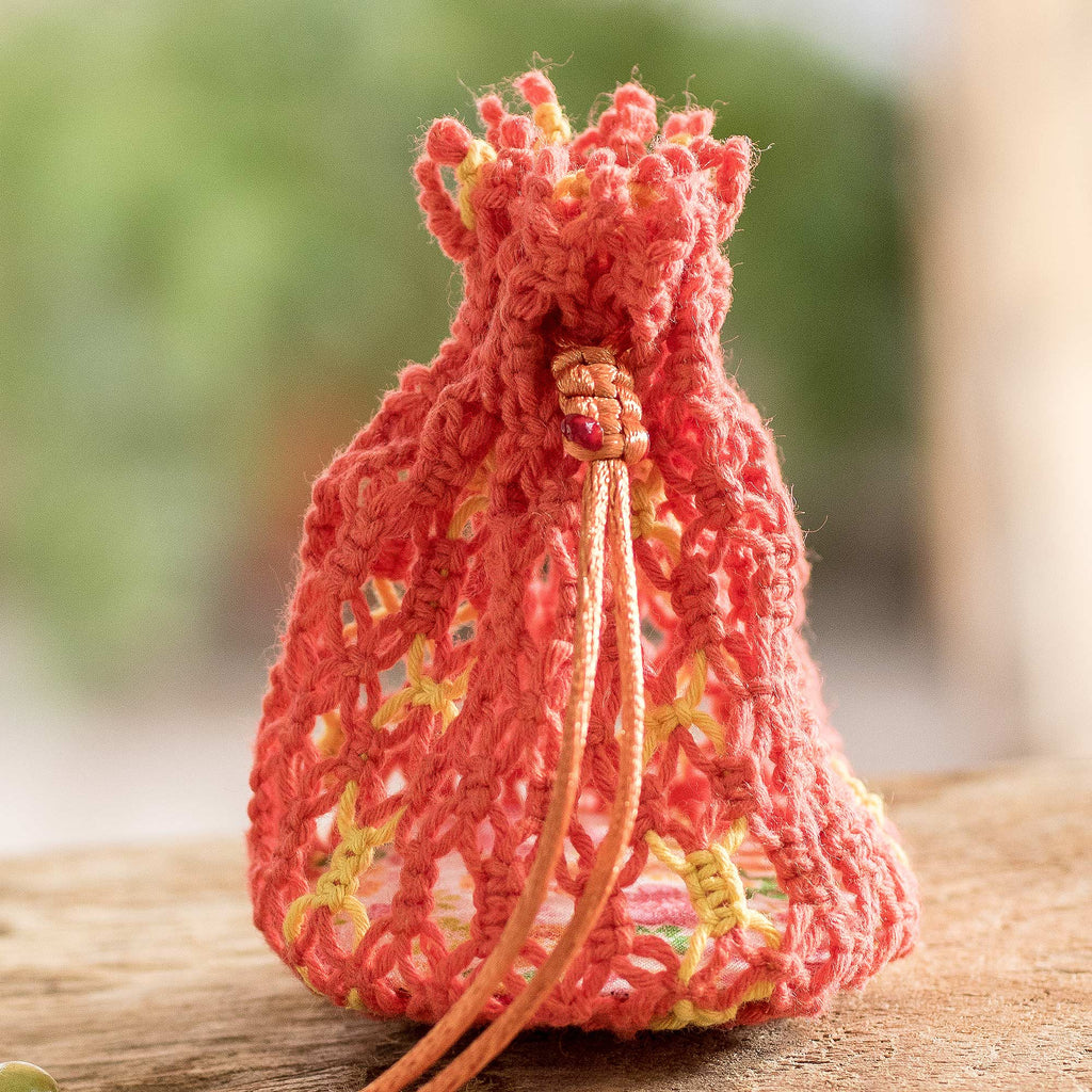 Cotton Macramé Drawstring Pouch with Wood Base - Tropical Citrus