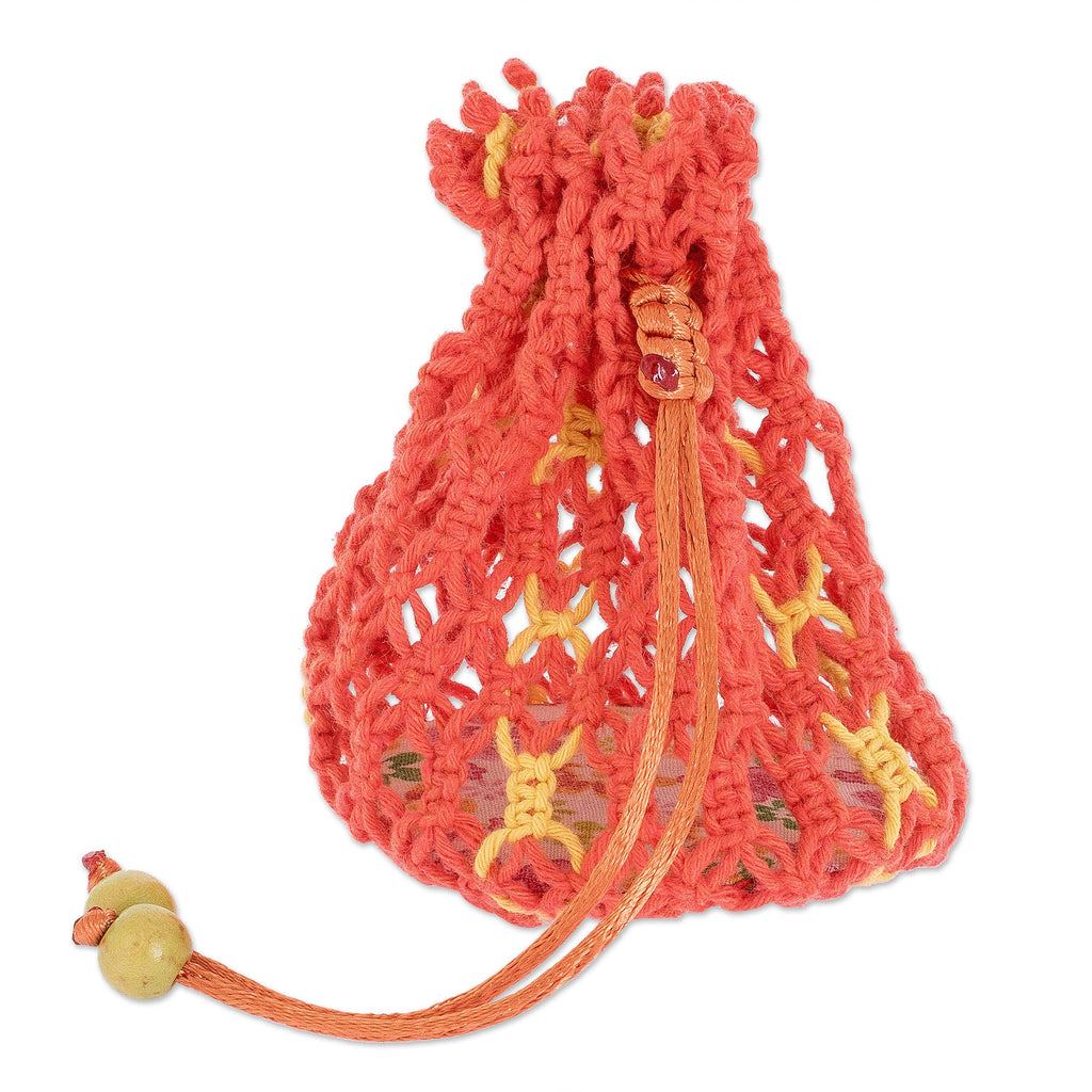 Cotton Macramé Drawstring Pouch with Wood Base - Tropical Citrus