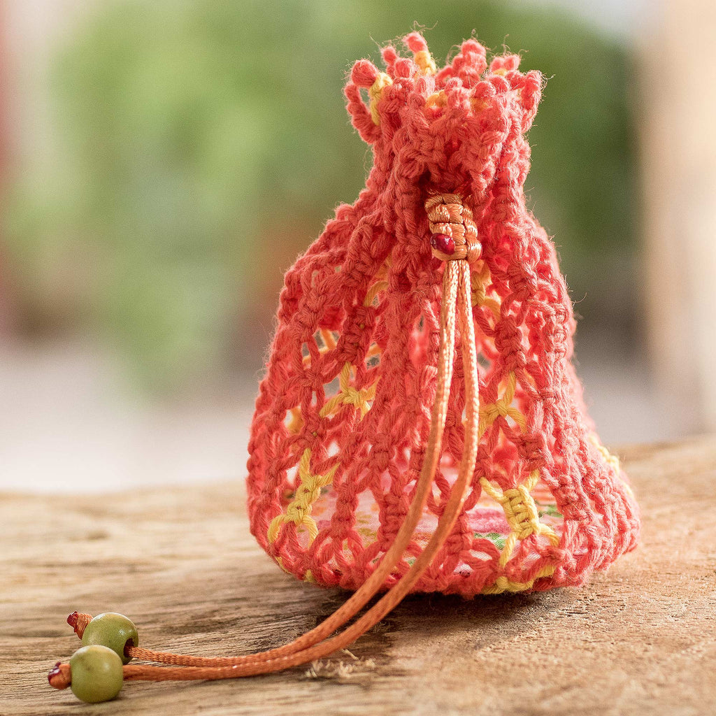 Cotton Macramé Drawstring Pouch with Wood Base - Tropical Citrus