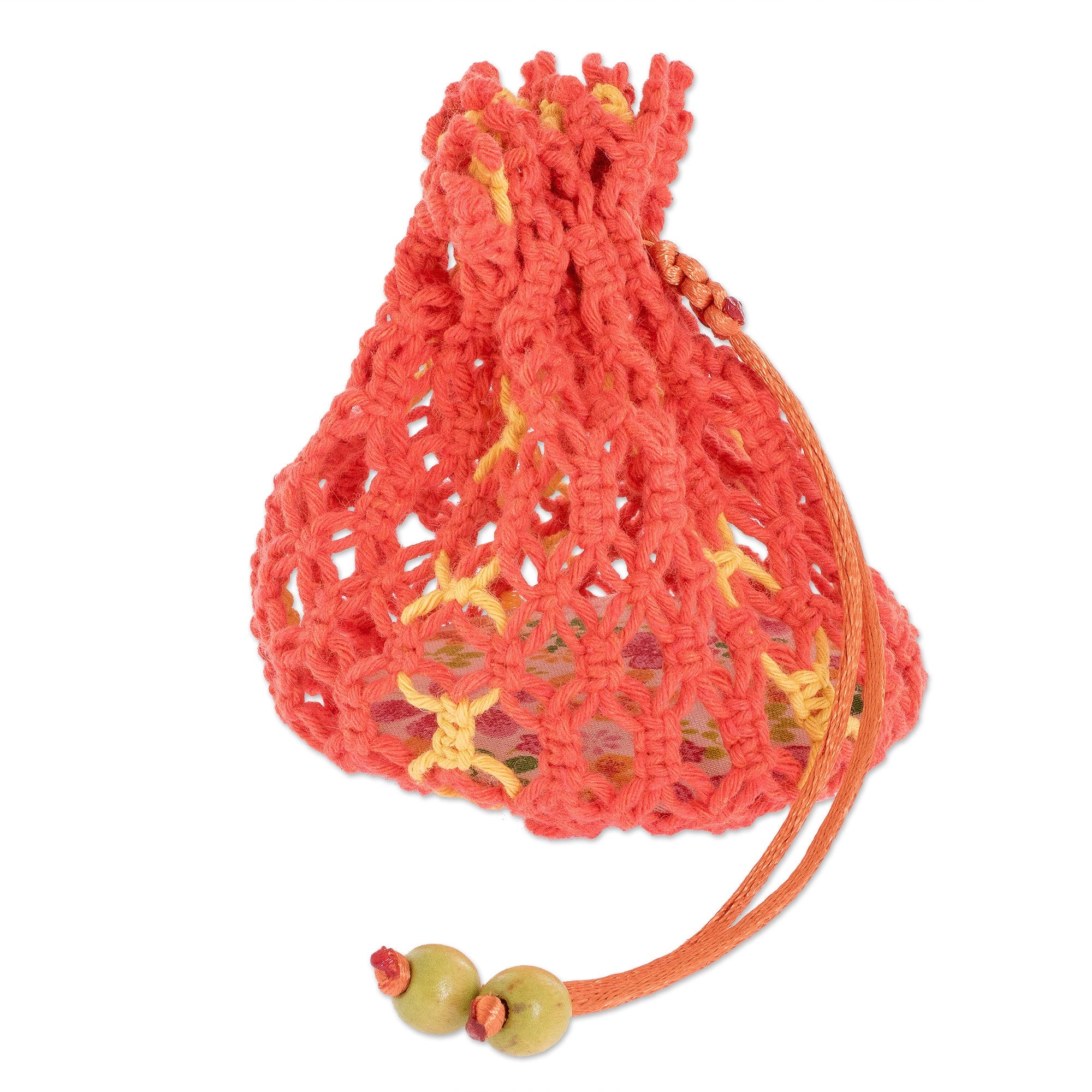 Cotton Macramé Drawstring Pouch with Wood Base - Tropical Citrus