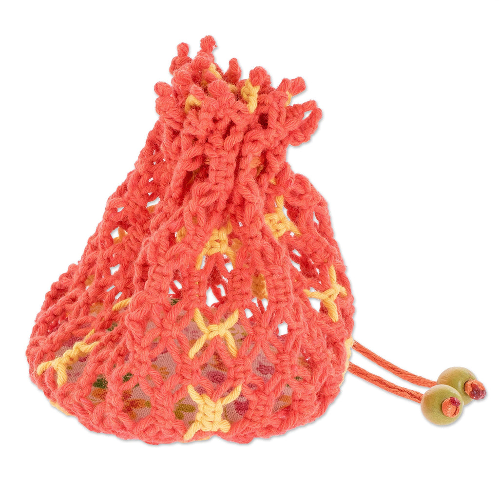 Cotton Macramé Drawstring Pouch with Wood Base - Tropical Citrus