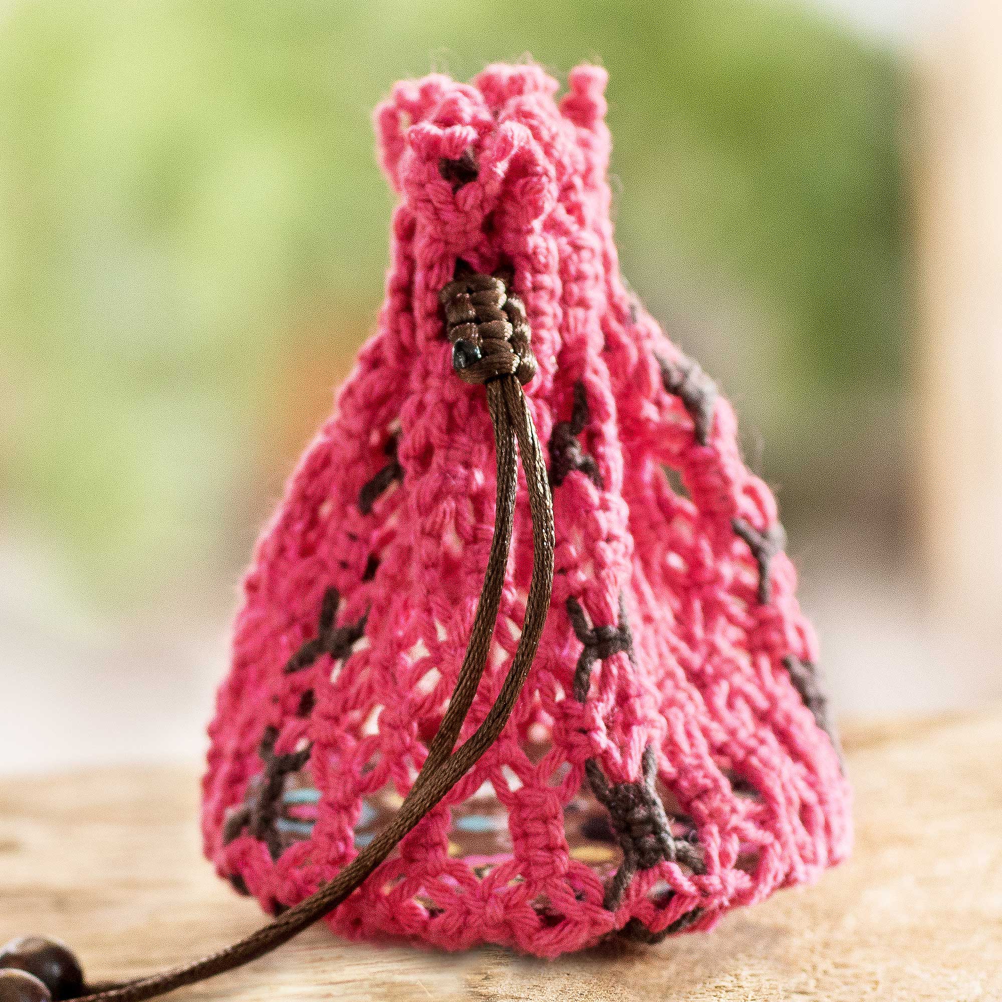 Cotton Macramé Drawstring Pouch with Wood Base - Tropical Pink