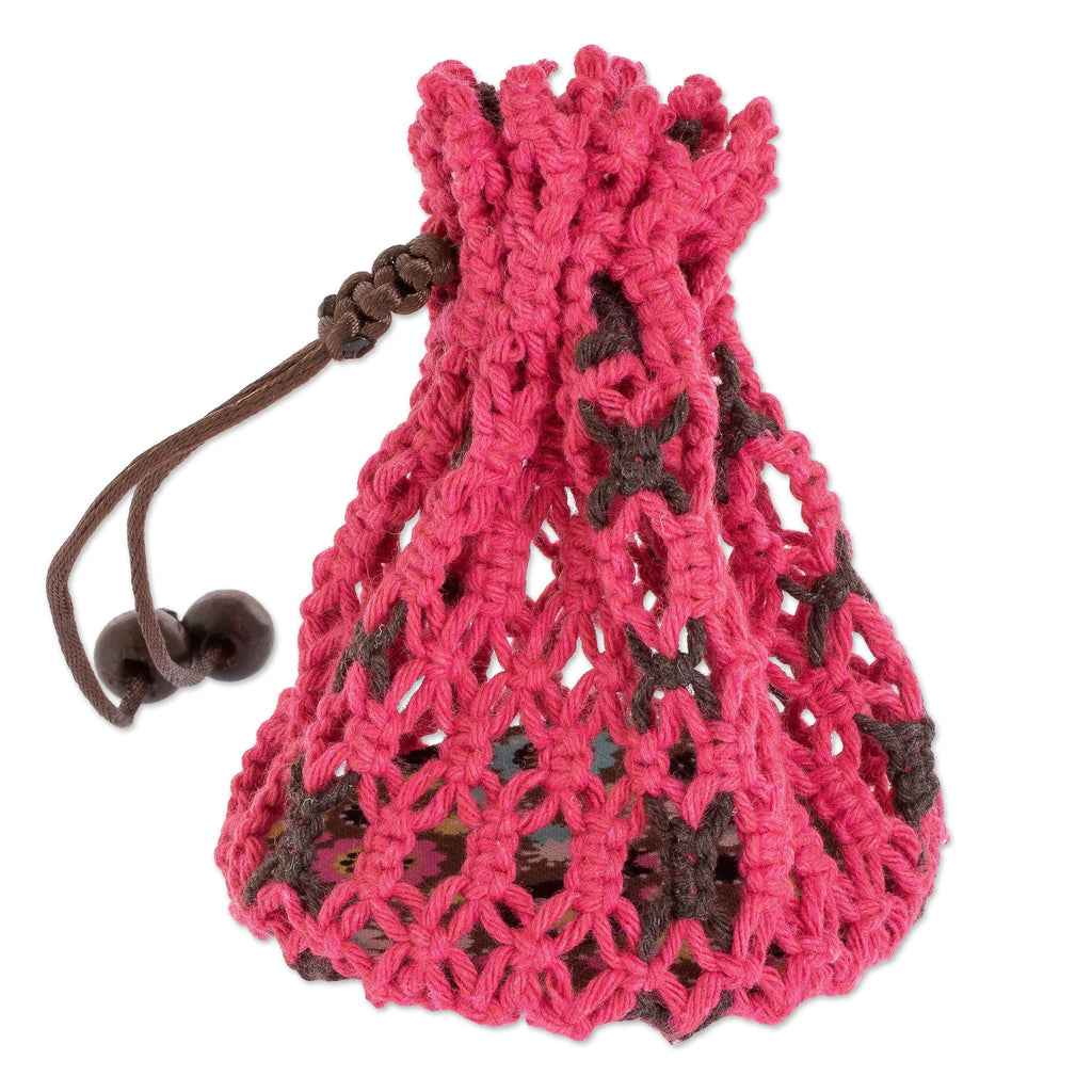 Cotton Macramé Drawstring Pouch with Wood Base - Tropical Pink