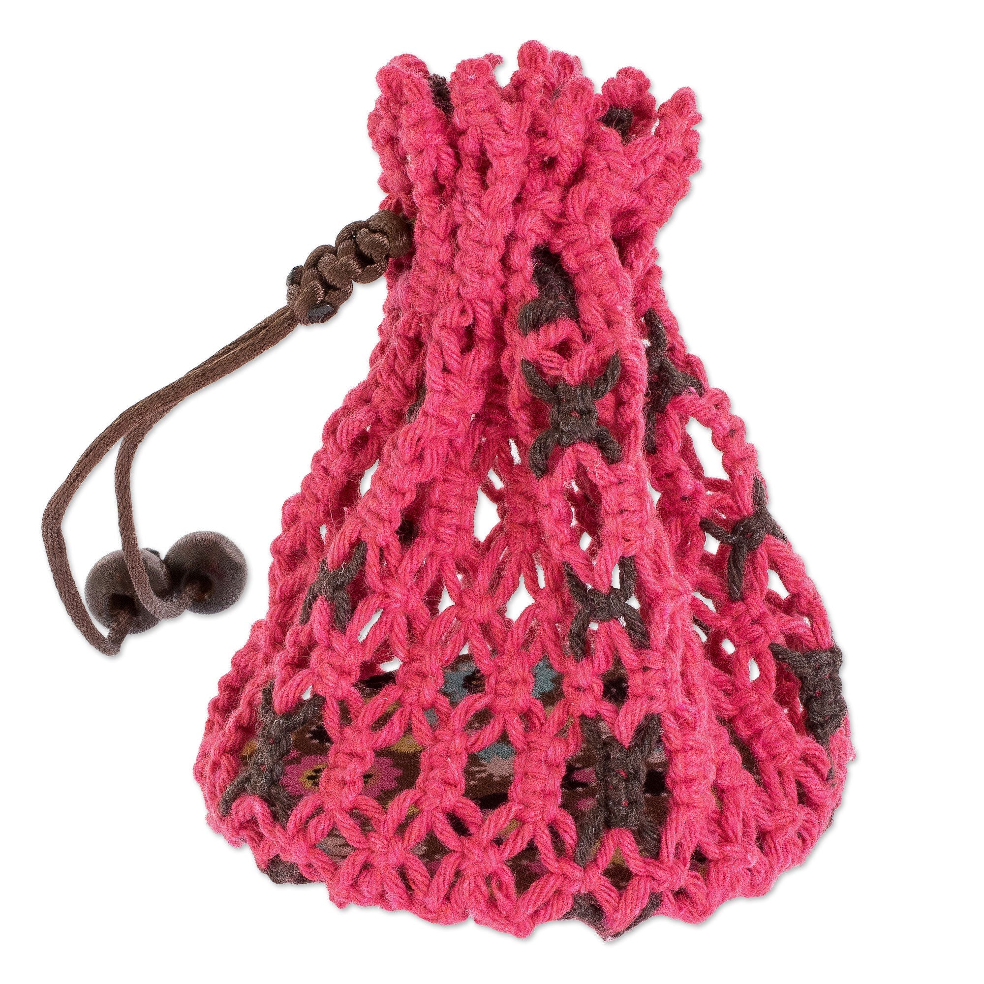 Cotton Macramé Drawstring Pouch with Wood Base - Tropical Pink
