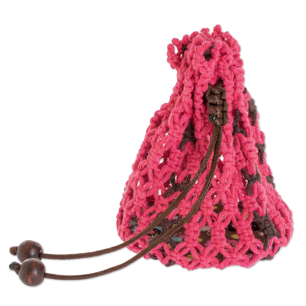 Cotton Macramé Drawstring Pouch with Wood Base - Tropical Pink